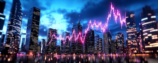 Obraz premium A serene watercolor cityscape with rising stock market graphs glowing in the sky, [market optimism], [economic success]