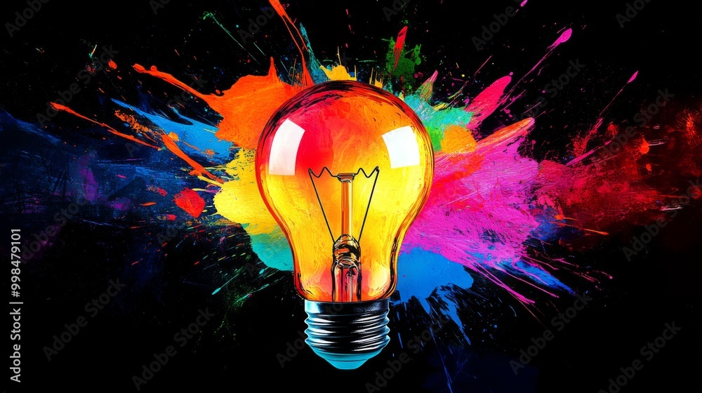 Poster a vibrant image of a light bulb surrounded by colorful paint splashes, symbolizing creativity and in