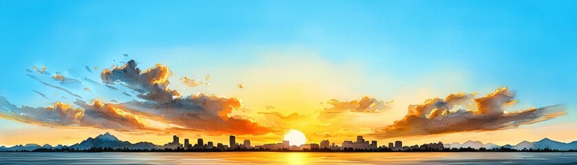 Fototapeta premium A serene watercolor sunrise over a city on January 1st, 2025, symbolizing hope and new beginnings, [tranquil new year], [fresh start]