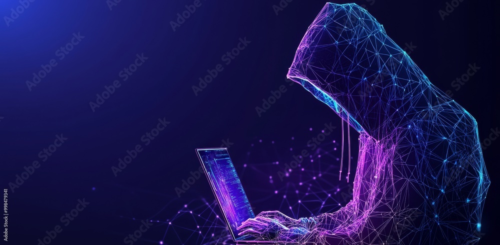 Poster hacker with a light blue laptop and stock chip. technology electronics background. computer chip and