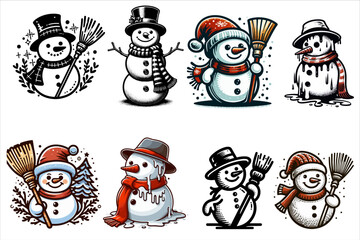 Snowman vector Bundle illustration. Snowman Icon Vector set. Snowman Silhouette Bundle.