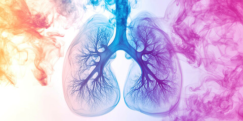 A colorful image of a lung with purple, blue, and green branches