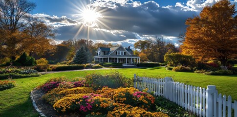 Colorful illustration of a comfortable middle-class home with white picket fences, blooming flowers, and a blue sky.