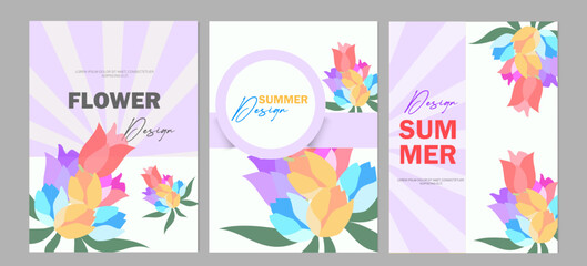 trendy Creative concept of summer bright cards set with abstract tropical leaves. flower colorful
