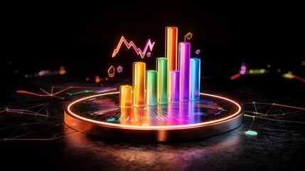 Colorful stock market bar chart with fluctuating bars on a black backdrop, high-tech financial concept