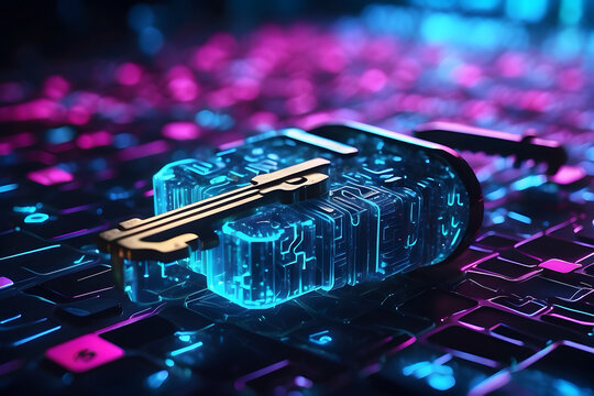 Encrypted Key: A glowing, futuristic key made of neon-blue data floats above a grid of encrypted codes