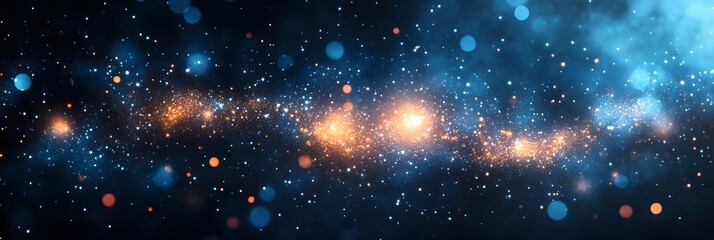 Fototapeta premium Blue and orange glowing particles in a cosmic digital space with abstract starry design 