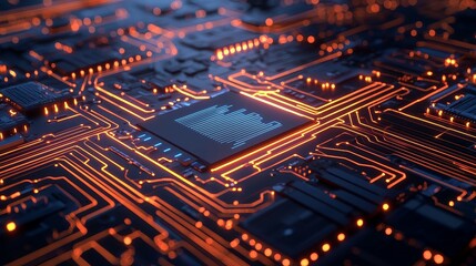 Obraz premium A detailed close-up of an electronic circuit board showcasing intricate patterns and glowing components in a high-tech environment.