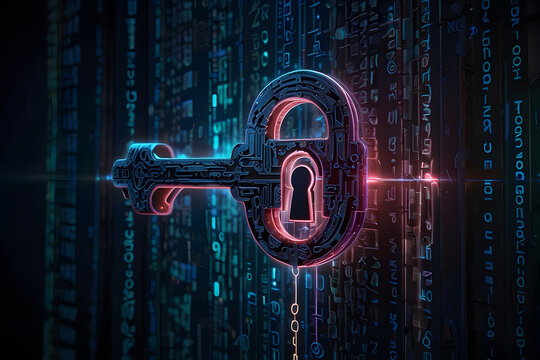 Encrypted Key: A glowing, futuristic key made of neon-blue data floats above a grid of encrypted codes