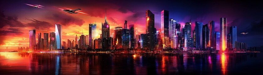 Fototapeta premium Futuristic city skyline in watercolor, vibrant sunset hues, glowing buildings, and flying cars, [2025 vision], [urban future]
