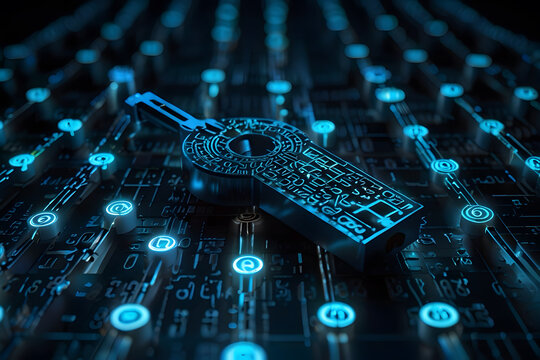 Encrypted Key: A glowing, futuristic key made of neon-blue data floats above a grid of encrypted codes