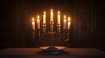 A Hanukkah setup with a menorah glowing with lit candles at twilight