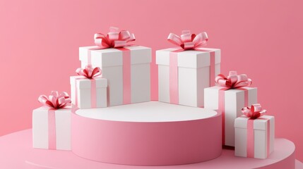 The podium is blank, surrounded by wrapped gifts, and is illustrated in 3D