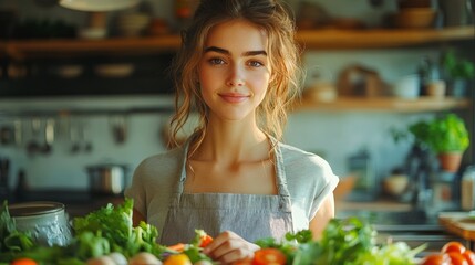 Young Woman Chopping Vegetables in Modern Kitchen