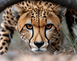 Close-up of a cheetah staring through the grass, sleek and powerful, stock photo style