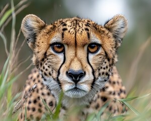 Close-up of a cheetah staring through the grass, sleek and powerful, stock photo style