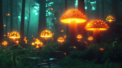 A magical forest at night, with glowing orange and blue mushrooms