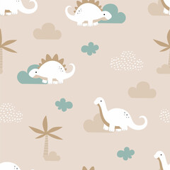 cute funny dinosaurs seamless pattern. Brown background. Cartoon dinos for fabric, wallpaper, textile, wrapping paper, kids clothes, baby product. Vector illustration © LindaAyu