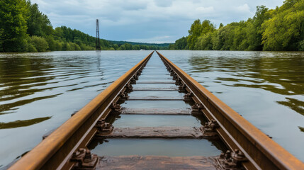 Obraz premium A railway track completely submerged by floodwater, only the tops of the rails visible, symbolizing disrupted infrastructure,