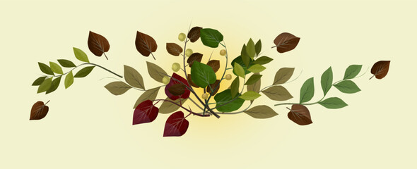 Autumn foliage piled in the middle with branches and leaves of different colors and sizes. Vector illustration isolated on a light background.
