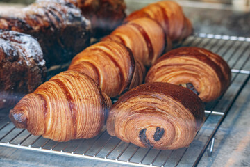 Fresh and delicious French pastries in a pastry shop window