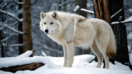 Obraz premium An Arctic wolf, with its thick white fur, is standing majestically with its front two legs perched on a fallen tree trunk generative ai