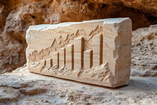 Stock market bar chart carved into ancient stone, symbolizing timeless financial principles