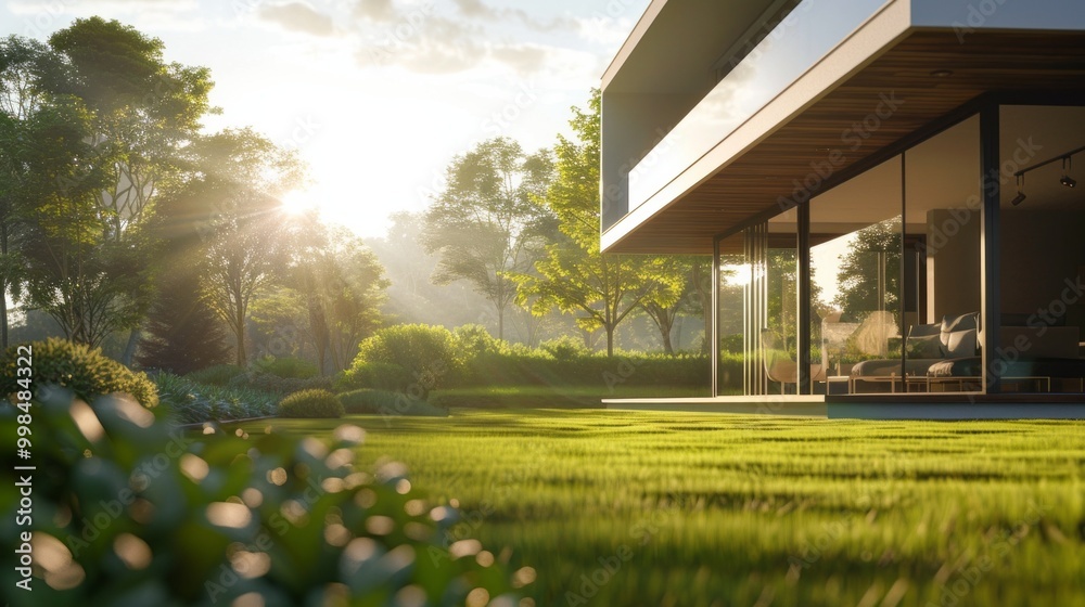 Poster A large house with a large open lawn and a view of the trees