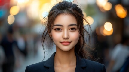 Obraz premium Stunning Asian woman in suit outside with blurry business center backdrop
