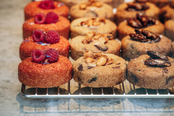 Fresh and delicious French pastries in a pastry shop window