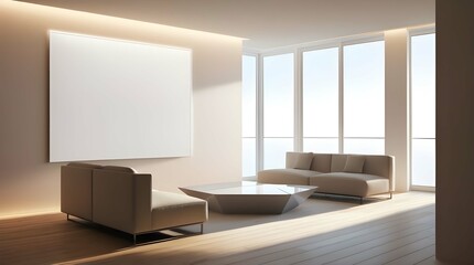 Fototapeta premium A spacious living room with a modern atm with a minimalist aesthetic, featuring a large, blank poster on a crisp white walling illuminated by soft, warm overhead lighting, dark grey sectional sofa, 
