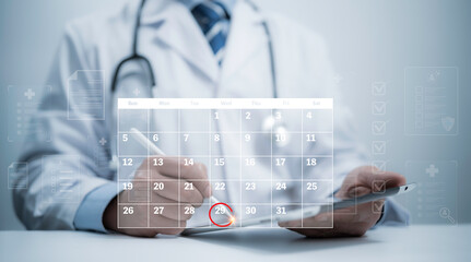 Medical worker touch virtual digital calendar on tablet for plan treatment patient and follow up in...