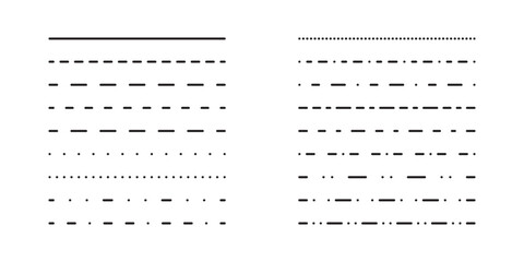 Dotted or dashed straight thin lines collection set. Element simple divider. Vector graphic in flat style