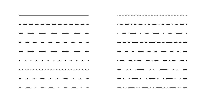 Dotted or dashed straight thin lines collection set. Element simple divider. Vector graphic in flat style