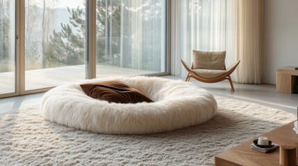 A round fluffy sofa in the shape of an O placed on top of soft carpet with natural light from large windows