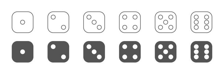 Throwing dice number set collection in 2 filled and outlined variations chance. Vector icons in flat style