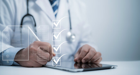 Check list concept.Medical worker with online checklist survey, filling out digital form checklist,...