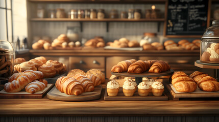 Baked goods displayed in a cozy bakery