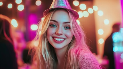 An office party in a stylish setting. Colleagues wear party hats.