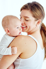 Happiness, care and baby with mother and hug for security, relax and safety. Growth, support and love with woman and kid bonding in family home for trust, youth and child development together