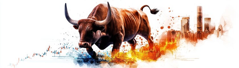 Watercolor bull standing triumphantly on top of a rising stock market chart, [financial strength], [bull market]