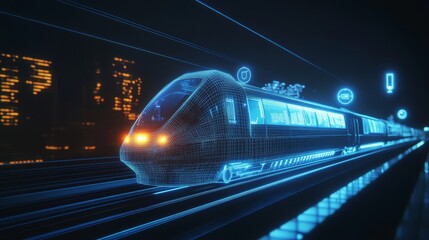 Travel, logistics, and tourism concepts are illustrated by this low-poly 3D illustration of a high-speed train moving on a rail bridge.