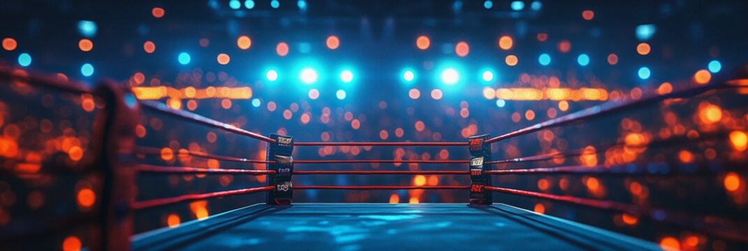 Illuminated boxing ring with vibrant lights, energetic crowd in the background, electric atmosphere of a live match