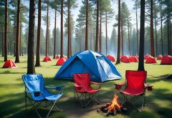 A camping tent set up in a grassy field surrounded by pine trees, with two folding camping chairs in the foreground
