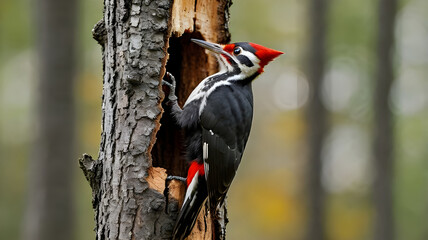 A striking pileated woodpecker clings to a tree trunk  ai generative
