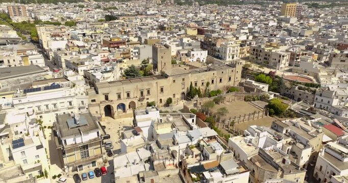 Aerial view of Episcopio Castle in the historic center of Grottaglie. It is a medieval castle of the city in the province of Taranto in Puglia, Italy.