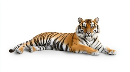 Fototapeta premium A Bengal Tiger, Panthera tigris tigris, sits in front of a white background as a 1 year old