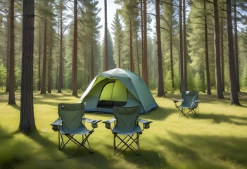 A camping tent set up in a grassy field surrounded by pine trees, with two folding camping chairs in the foreground