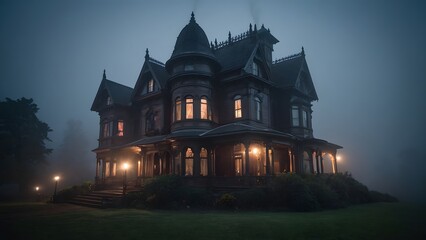 An Eerie Victorian Mansion Surrounded by Fog at Dusk With Illuminated Windows Reflecting an Atmospheric Scene