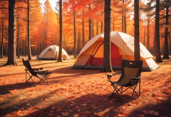 A camping tent set up in a grassy field surrounded by pine trees, with two folding camping chairs in the foreground